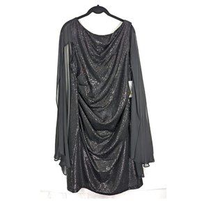 R&M Richards Cocktail Dress Womens Size 14 Midi Sequins Chiffon Cape Ruching